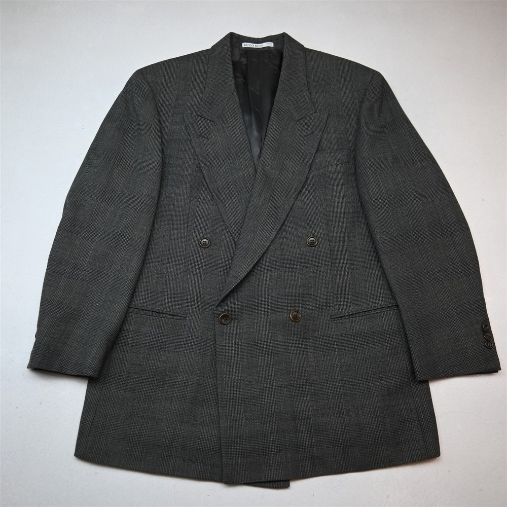 Vtg Hugo Boss 40R Green 100% Wool Double Breasted Noiret Revue Tweed Blazer